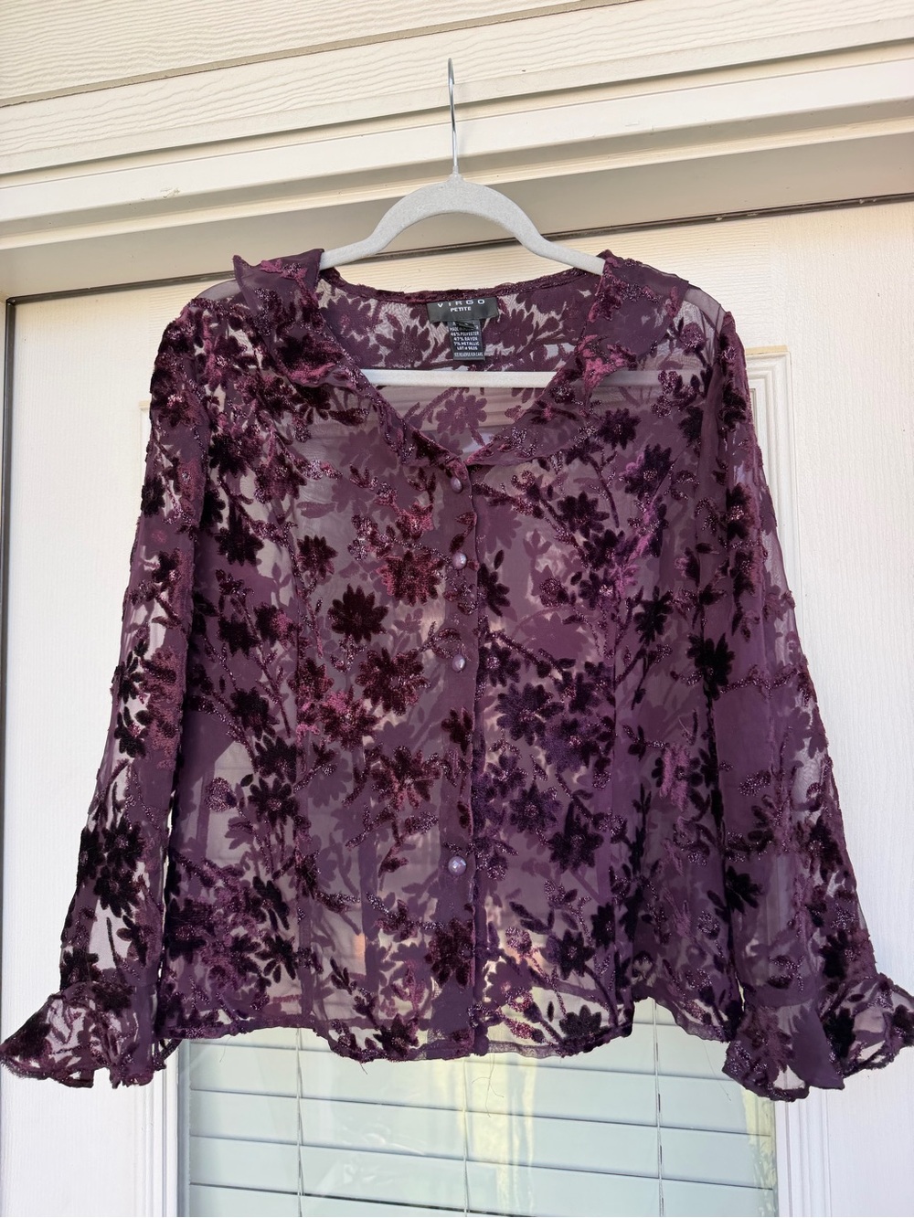 Virgo Plum Floral Burnout Sheer Button-Front Blouse